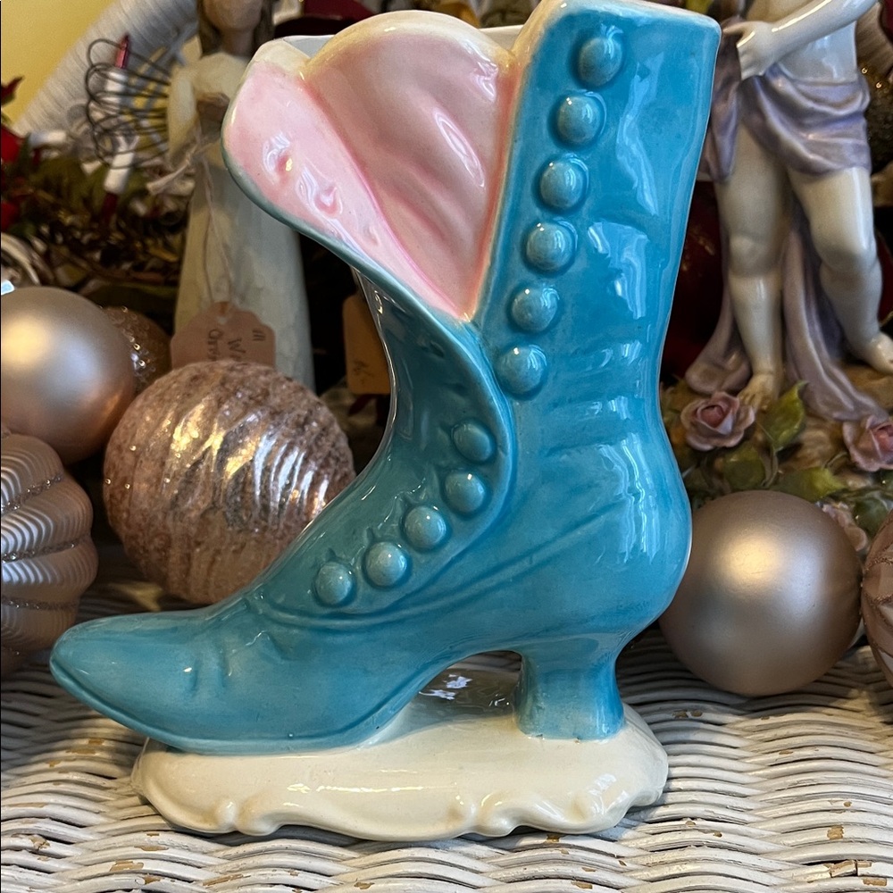Vintage ceramic Victorian-style boot vase, likely from the late 1940s early 50s